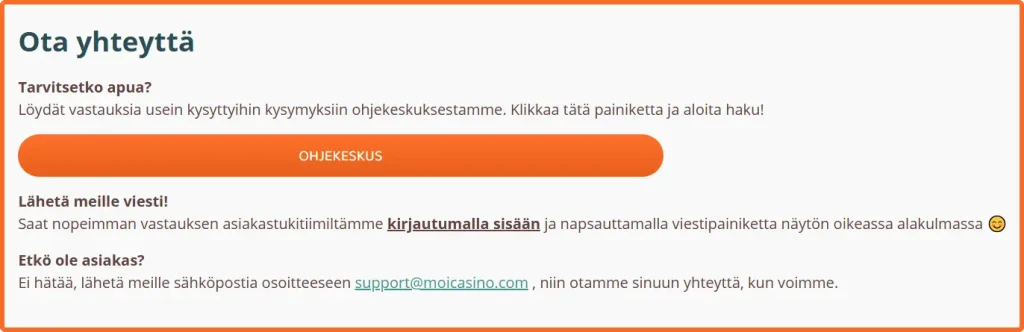 MoiCasino ota yhteyttä